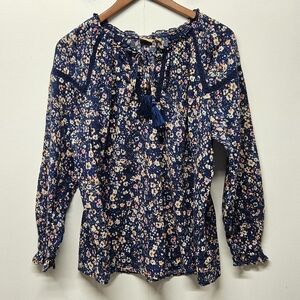 True Craft Blouse Blue Floral Crochet Trim Tassel Tie Long Sleeve 1X Peasant